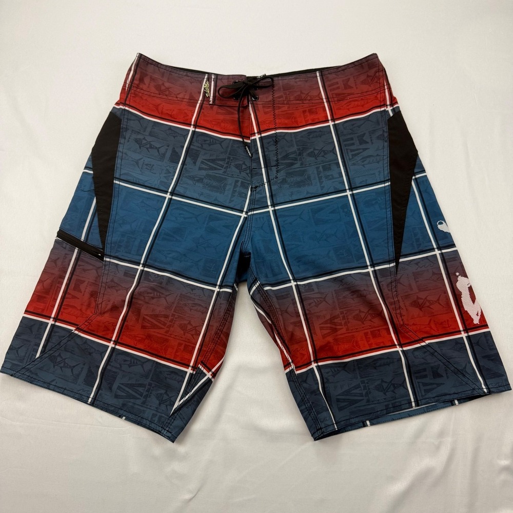 Salt Life Board Shorts Mens 34 Blue Red Plaid SLX-QD Vapor Stretch Swim Trunks